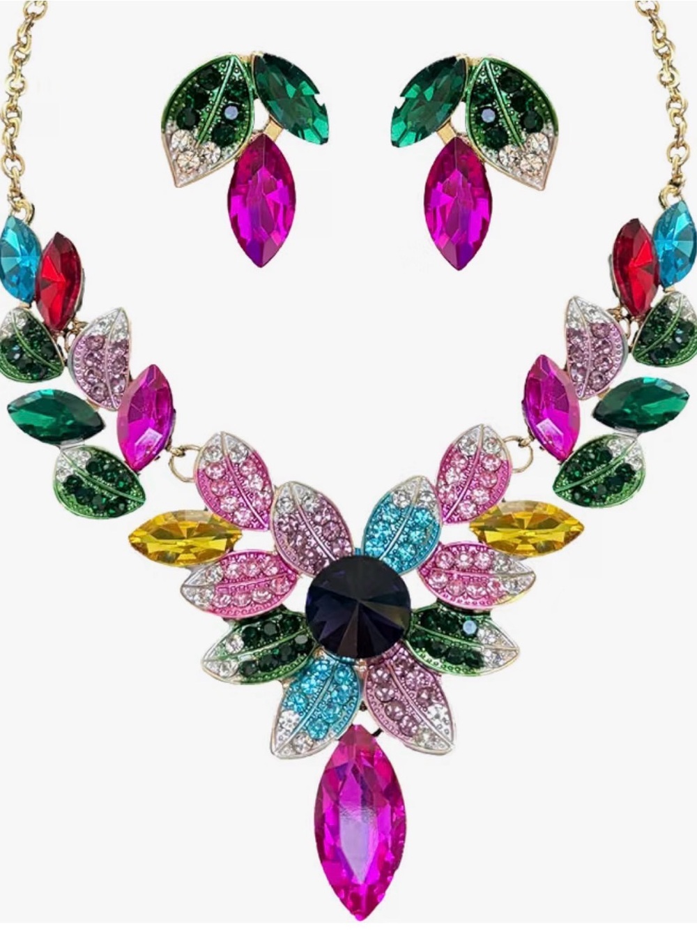 Multicolor Crystal Leaf Statement Necklace & Earrings - Women Jewelry